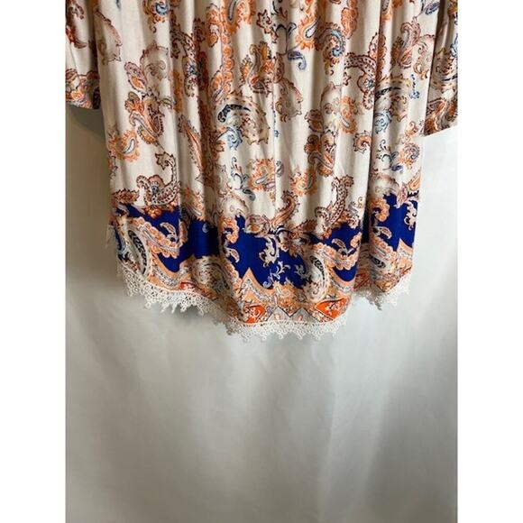 Cato EST 1946 Blue Orange Jersey Peasant Top Lace Edging Ruffle Sleeve Sz 14/ 18 - Picture 4 of 8